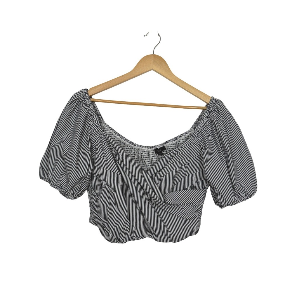 J.Crew Crop Top Women L Black White Smocked Puff Sleeve Striped Wrap Preppy